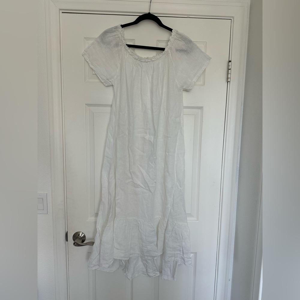 Chocolate preppy 100% linen white maxi dress ruffle